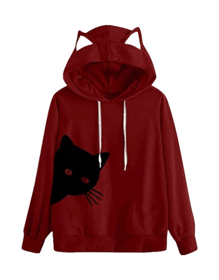 Cute Cat Printed Sweatshirt Cat Ear Hoodie Casual Autumn Winter Tops For Women