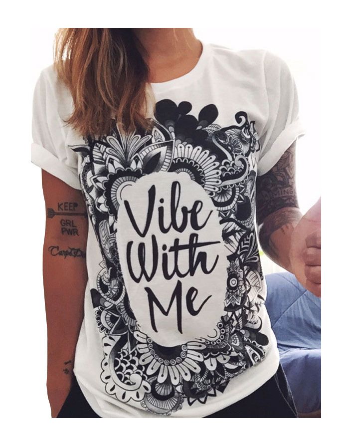 Casual Flower Letter Printed White Cotton Short-sleeved T-shirt